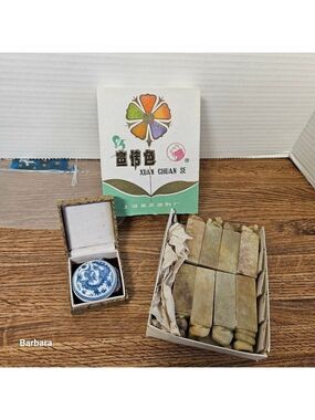 Vintage Set of 8 Chinese Soapstone Seal Stamps and Red Ink Pot